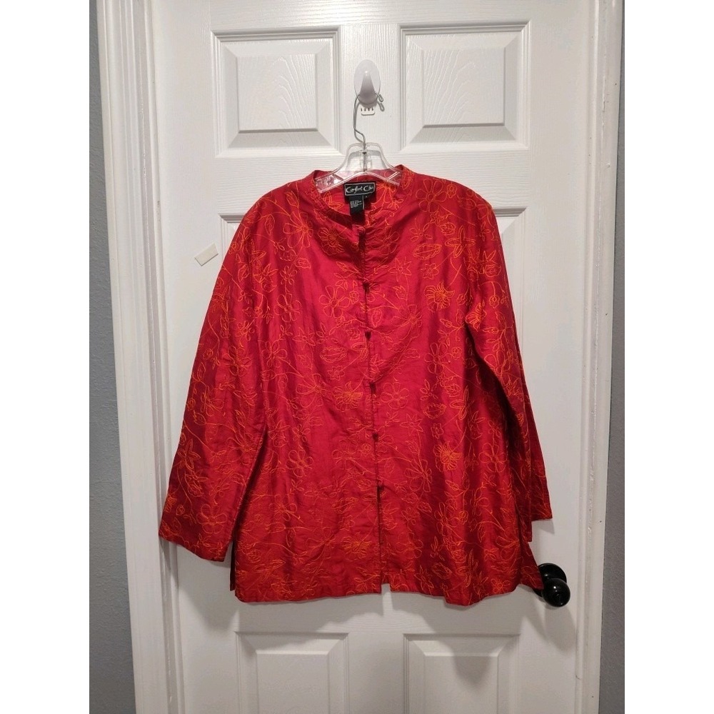 Vintage Chinese Red Embroidered w/Red Floral 100% Silk Jacket‎ Size Large